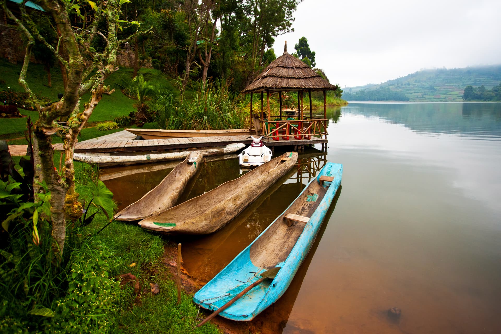 Traditional boats at Lake Bunyonyi in Uganda, Africa